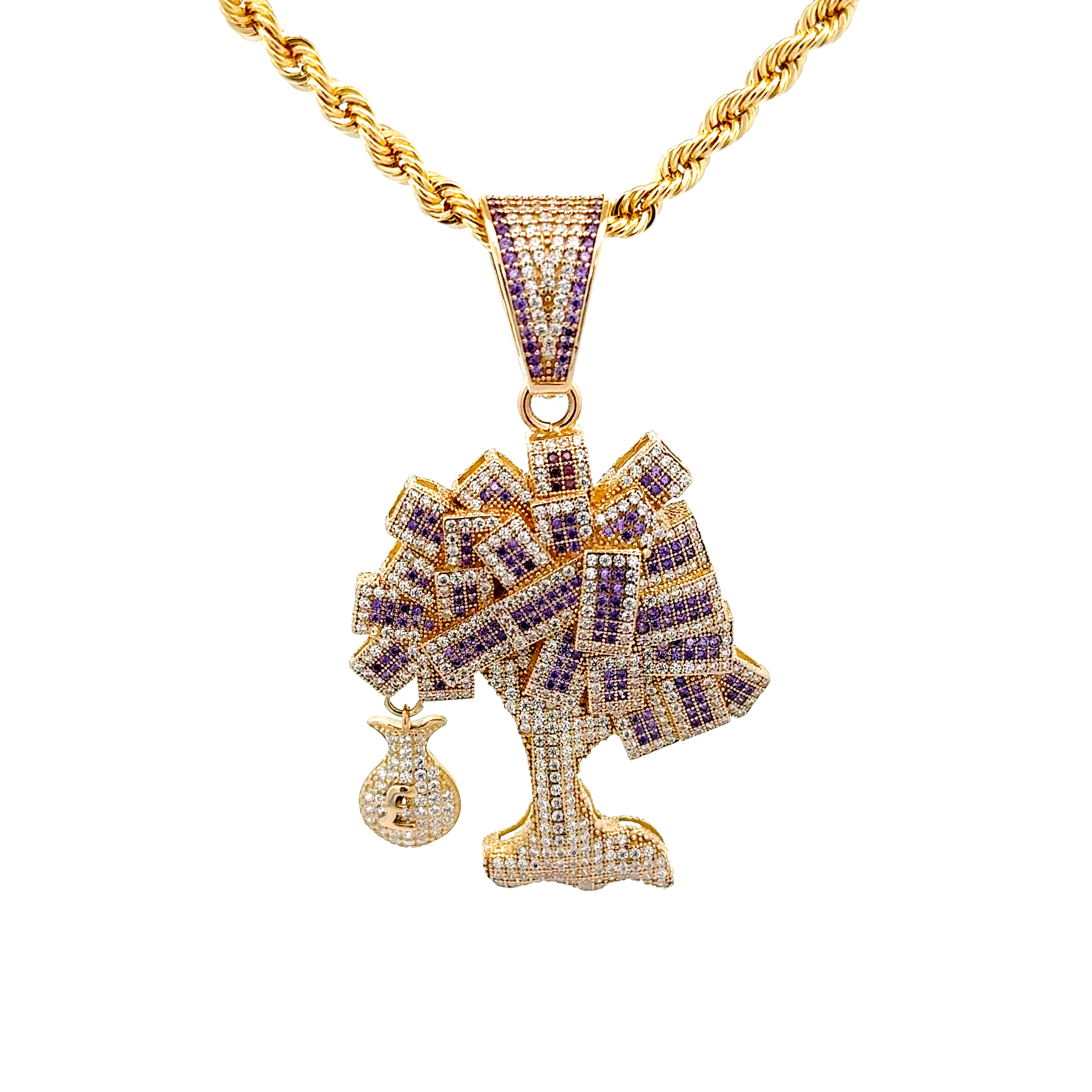 9K Yellow Gold White & Purple CZ Set Money Tree Pendant